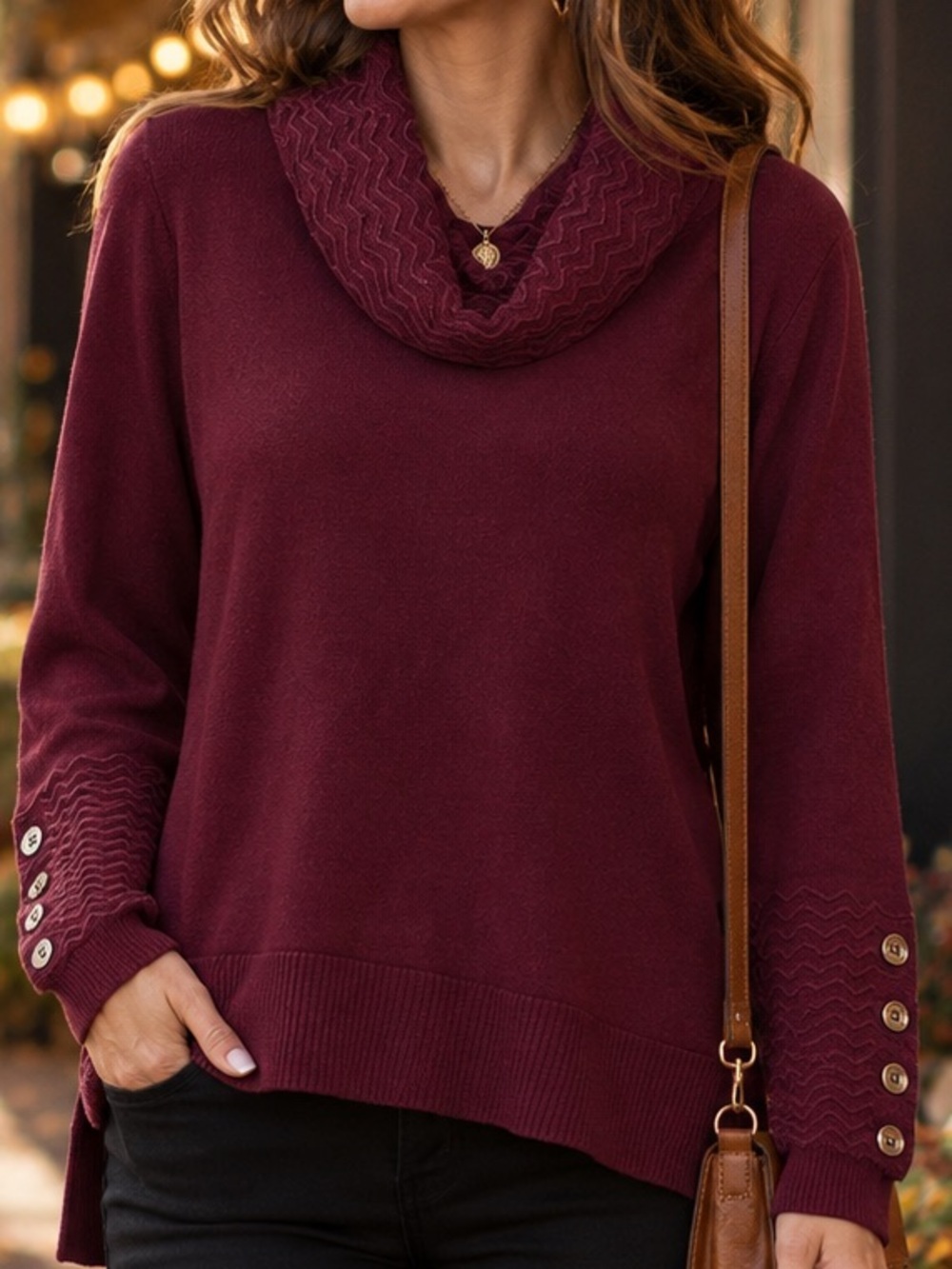 Melissa Paige Petite XL Cabernet Red Button Cuff Cowl Neck Sweater NWT